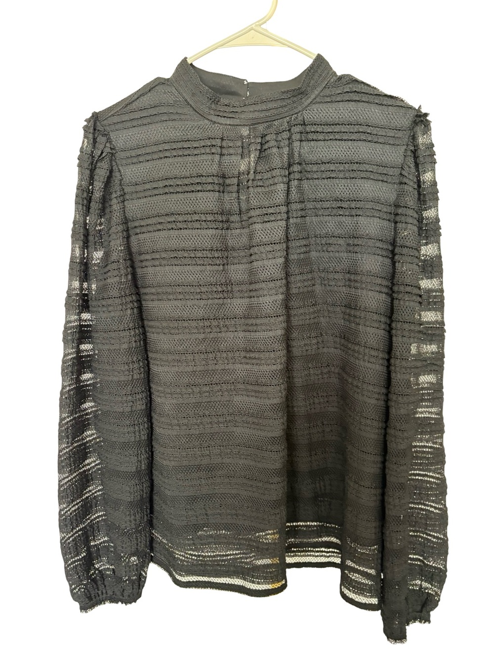 LOFT Black Sheer Striped Lace Mock Neck Long Sleeve Blouse Size Large